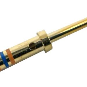 M39029/58-363 Size 20G machined crimp pin contact with gold-plated copper alloy construction, designed for 20–24 AWG wires and compliant with MIL-DTL-39029 standards