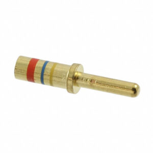 M39029/58-364 Size 16G machined crimp pin contact with gold-plated copper alloy construction, designed for 16–20 AWG wires and compliant with MIL-DTL-39029 standards.